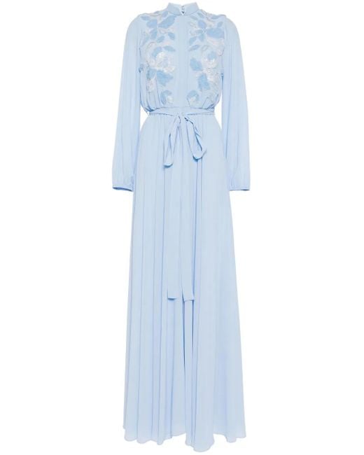 Saiid Kobeisy Blue Floral-Embroidered Kaftan Dress
