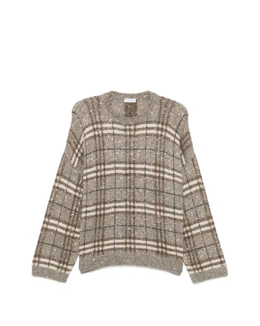 Brunello Cucinelli Natural Sequin-Embellished Checked Sweater