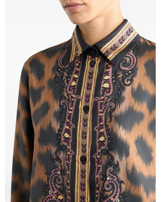 Etro Brown Silk Twill Shirt With Animal Motif