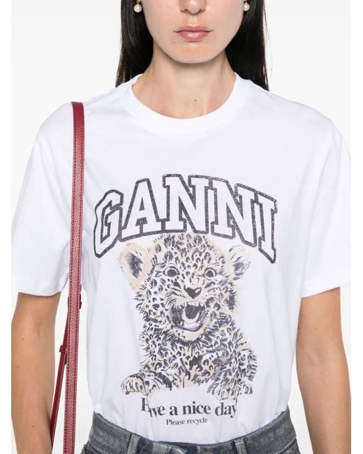 Ganni White Leopard Print Cotton T-Shirt