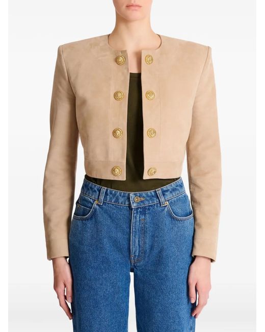 Balmain White Button Cropped Leather Jacket
