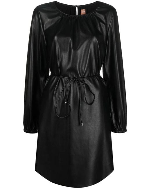 Boss Black Faux-Leather Belted Dress