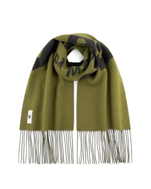 WOOD WOOD Green Wwleon Logo-Print Fringed Scarf