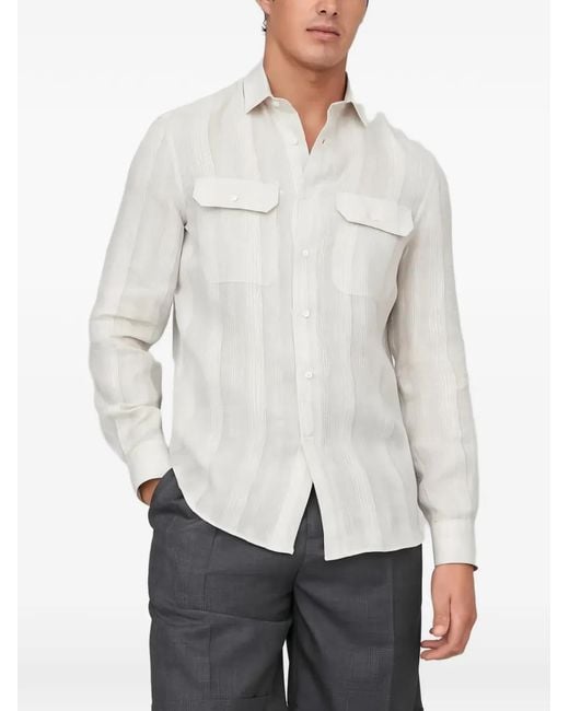 Brunello Cucinelli White Striped Linen Shirt for men