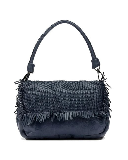 Reptile's House Blue Anfora Woven Fringed Leather Shoulder Bag