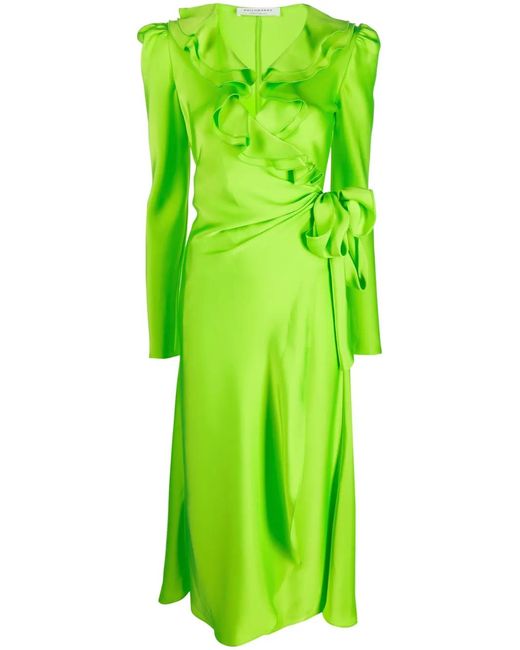 Philosophy Di Lorenzo Serafini Green Ruffle-Detailing Long-Sleeve Dress