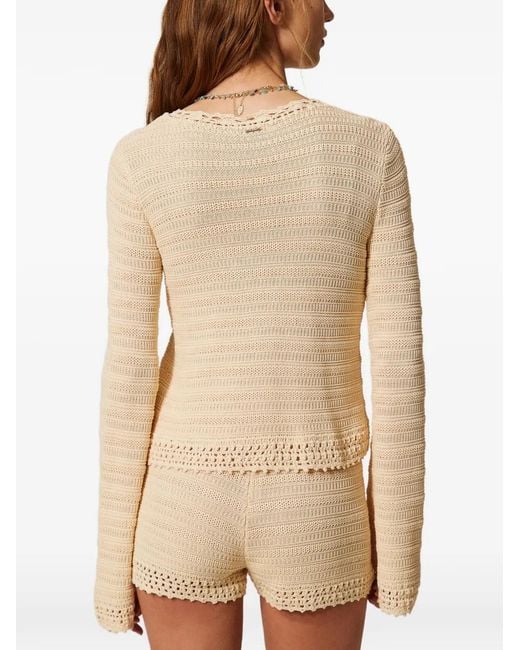 Twinset Natural Knit Shorts With Crochet Detail