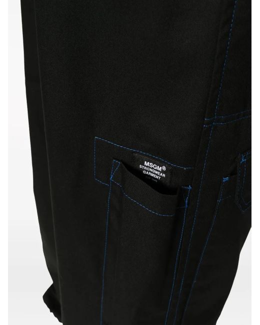 MSGM Black Contrasting-Stitch Logo-Patch Trousers for men