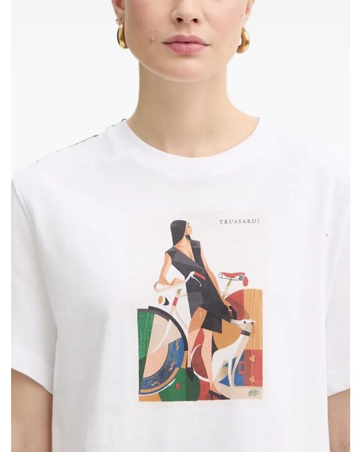 Trussardi White Graphic-Print Side-Slit T-Shirt