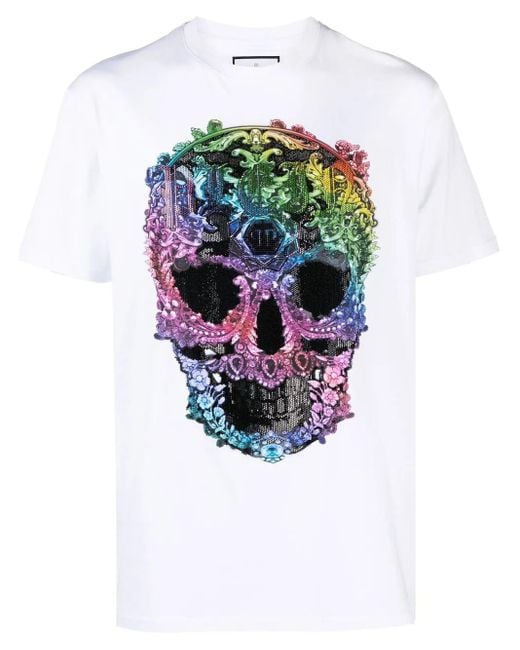 Philipp Plein White Rhinestone-Embellished Skull-Print T-Shirt for men