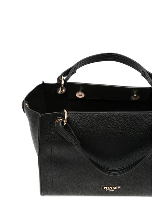 Twinset Black Logo-Plaque Pebbled Tote Bag