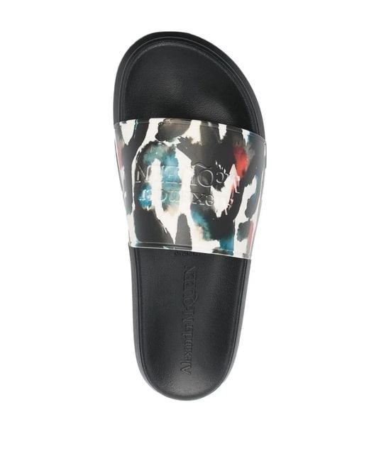 McQueen Black Graphic Logo Print Pool Slides for men