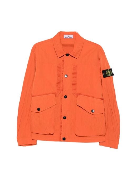 Stone Island Orange Logo-Patch Shirt Jacket for men