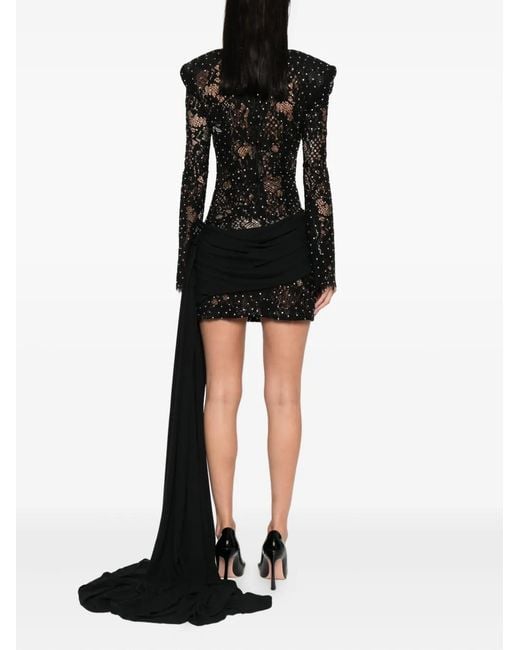 Nissa Black Rhinestone-Embellished Lace Mini Dress