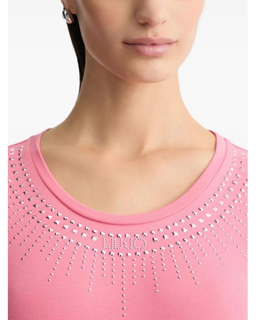 Liu Jo Pink Embellished-Details Cotton T-Shirt