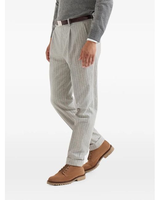 Brunello Cucinelli Gray Virgin Wool And Cashmere Chalk Stripe Flannel Trousers With Pleat for men