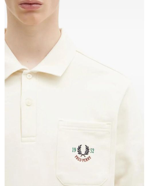 Fred Perry Natural Embroidered-Pocket Long-Sleeve Polo Shirt for men