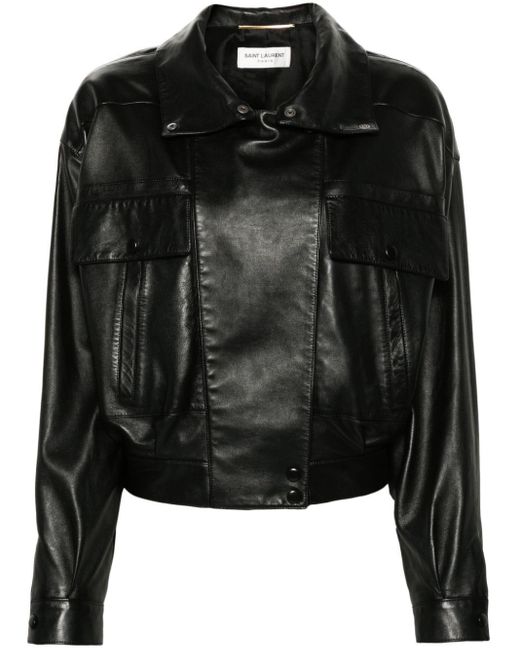 Zip-up leather jacket Saint Laurent de color Black