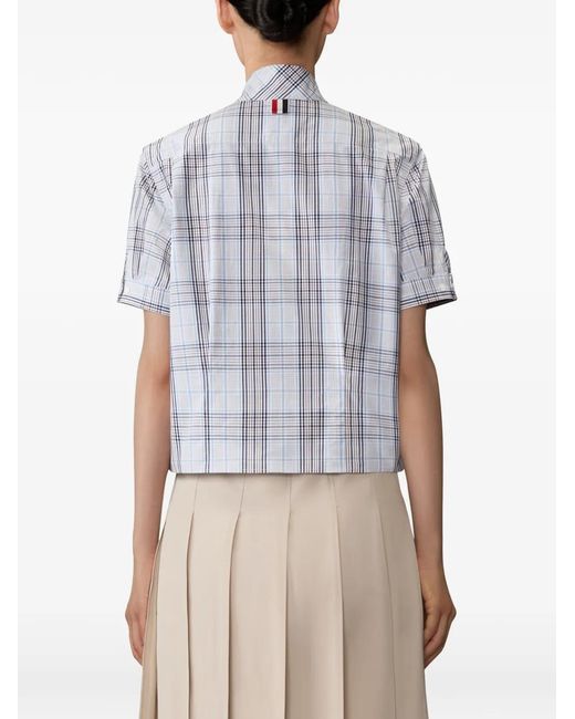 Thom Browne Blue Plaid Check Poplin Tie Collar Blouse