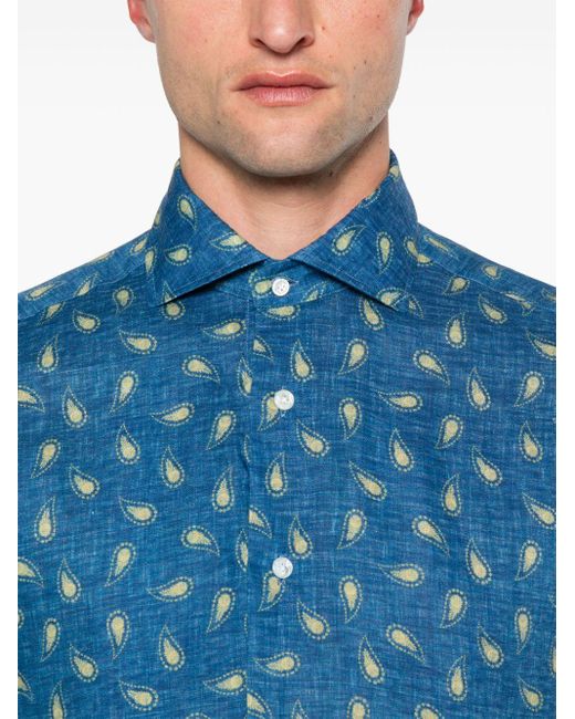 Barba Napoli Blue Paisley-print Linen Shirt for men