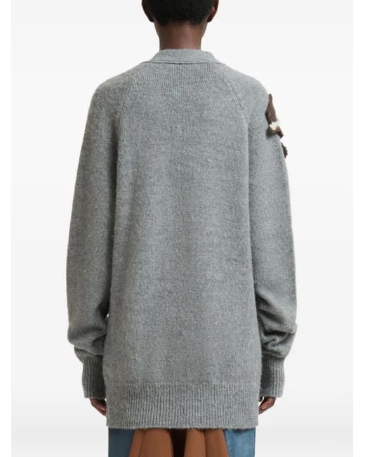 Marni Gray Floral-Appliqué V-Neck Cardigan
