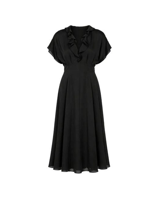 Alberta Ferretti Black Ruffled V-Neck Midi Dress