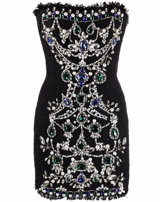 Balmain Black Jewelled Bustier Tweed Dress