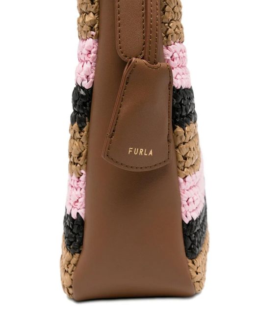 Furla White Striped Woven Shoulder Bag