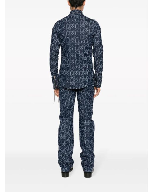 Ludovic de Saint Sernin Blue Monogram-Print Logo-Patch Shirt