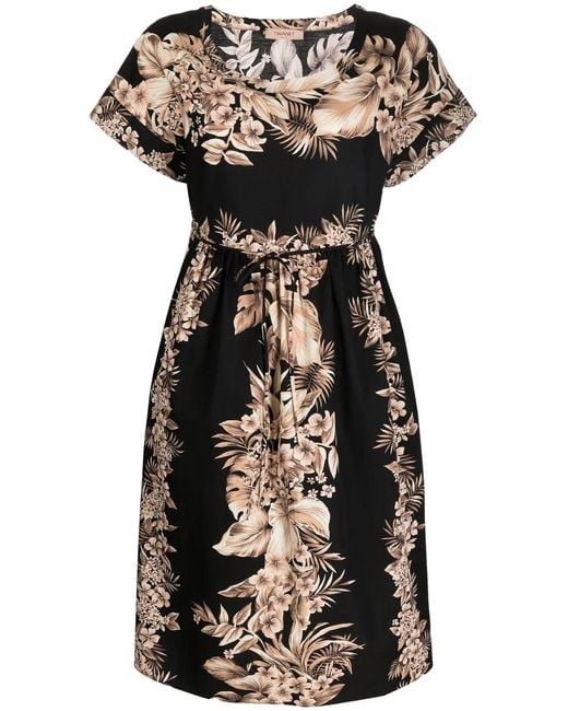 Twinset Black Floral-Print Scoop Neck Dress