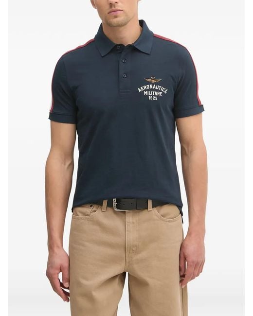 Aeronautica Militare Blue Logo-Embroidered Striped-Sleeve Polo Shirt for men