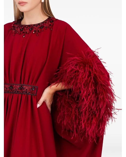 Dina Melwani Red Feather-Sleeve Maxi Dress