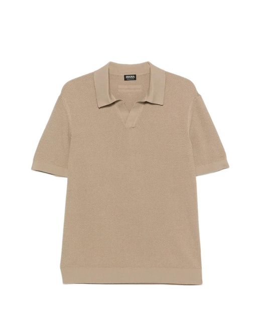 Zegna Natural Regular Fit Jacquard Knit Open Polo Collar Short Sleeve Top for men