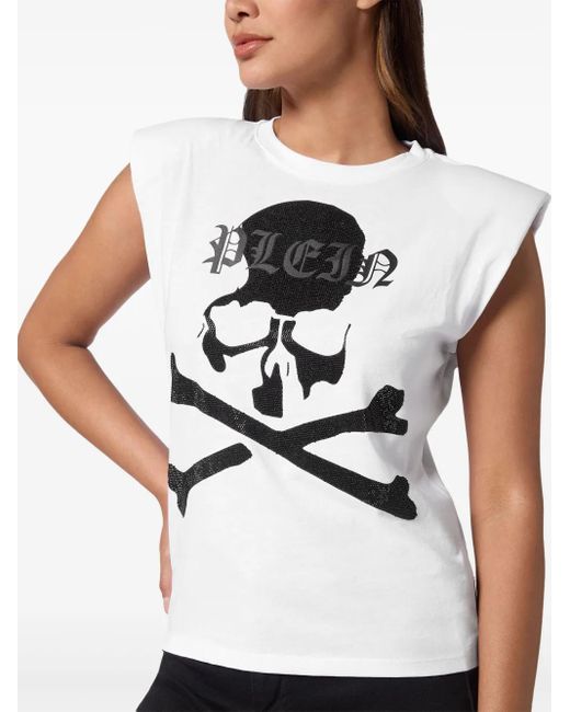 Philipp Plein White Rhinestone-Embellished Skull Tank Top