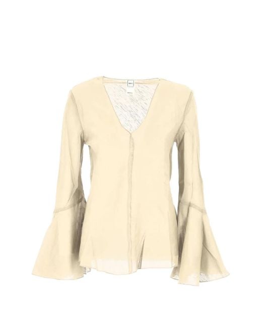 120% Lino Natural Flared-Sleeve V-Neck Blouse