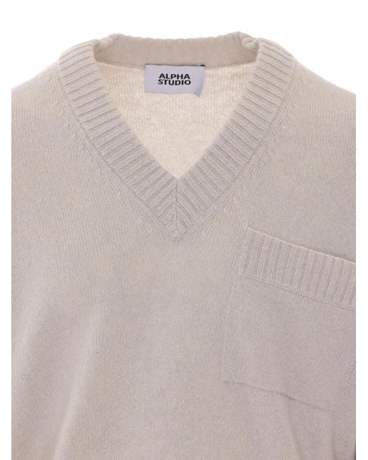 Alpha Studio White V-Neck Pocket-Detail Sweater for men