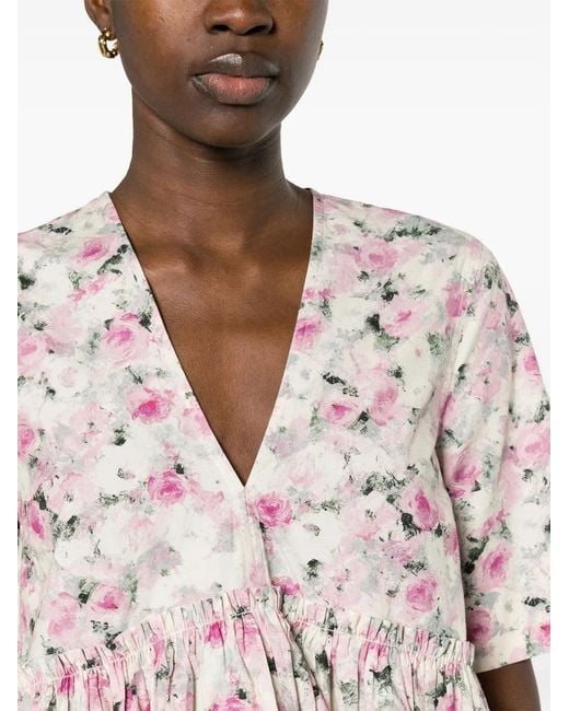 Ganni Pink Floral-Print Ruffled Dress