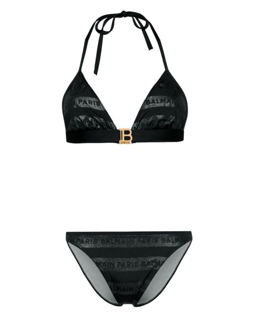 Bikini triangle à logo imprimé Balmain en coloris Black