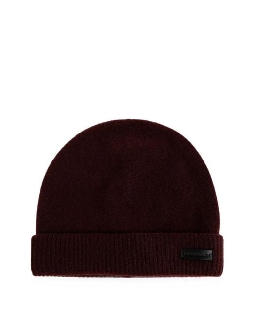 Emporio Armani Red Logo-Patch Cashmere Beanie Hat for men