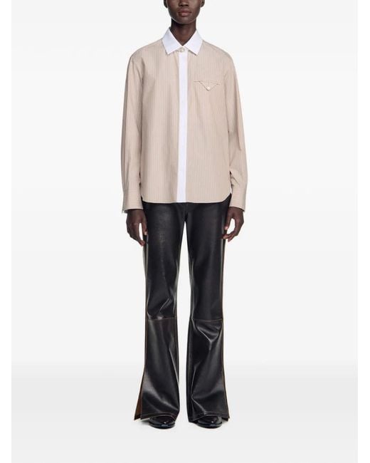 Sandro White Striped-Pattern Button-Up Shirt