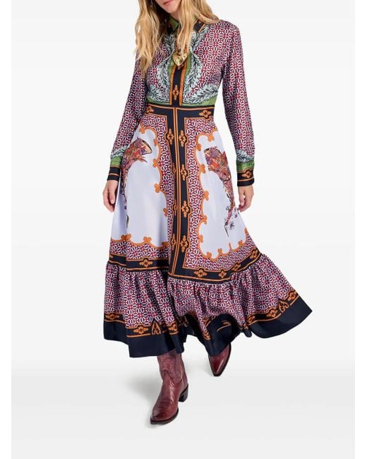 LaDoubleJ Red Long-Sleeved Patterned Silk Midi Day Dress