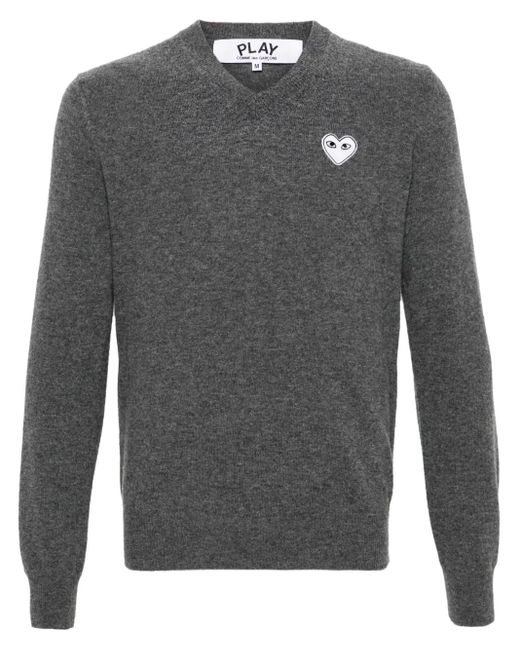 COMME DES GARÇONS PLAY Gray Heart-Patch V-Neck Wool Jumper