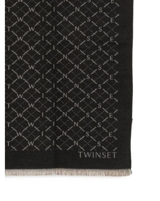 Twinset Black Logo-Pattern Frayed Scarf