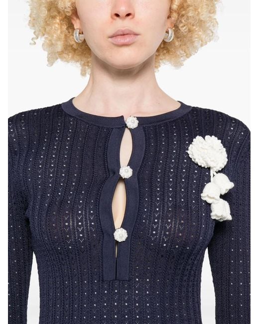 Self-Portrait Blue Perforated Knit Short Dress With Removable Lace Brooch