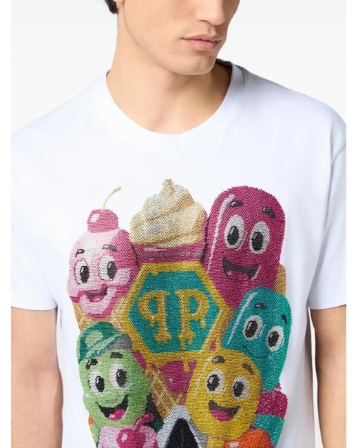 Philipp Plein White Round Neck T-Shirt Little Ice Cream Skull for men