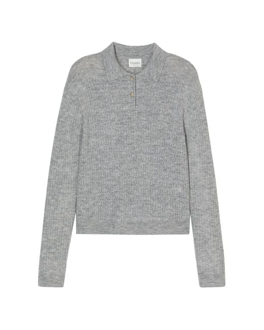 Closed Gray Ribbed-Knit Long-Sleeve Polo Shirt