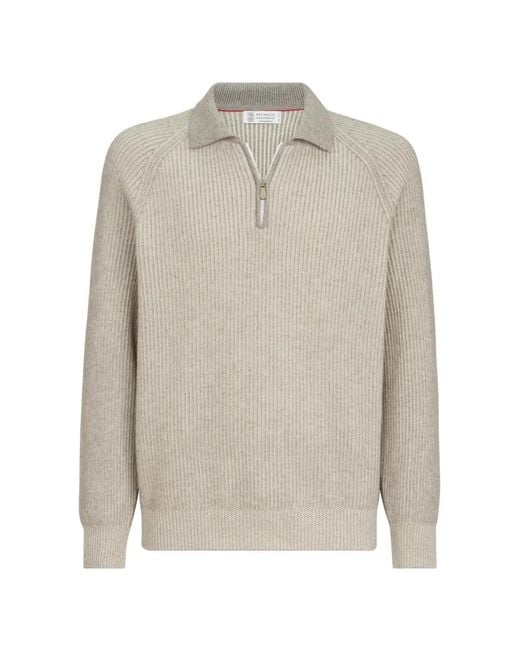 Brunello Cucinelli White Half-Zip Sweater for men