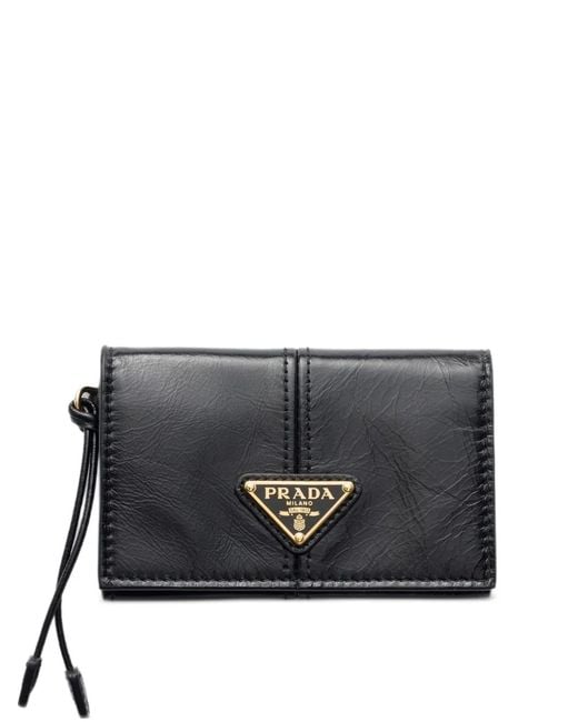 Prada Gray Leather Card Holder With Flap