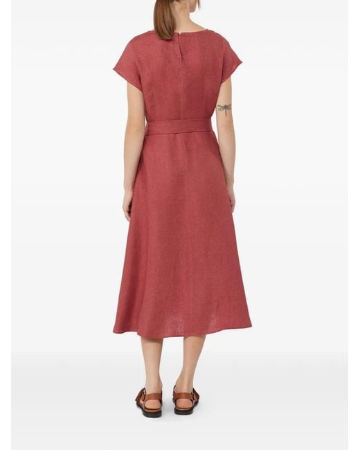 Max Mara Red Belted Linen Midi Dress