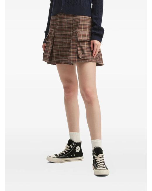 Chocoolate Brown Checked-Pattern Pleated Mini Skirt